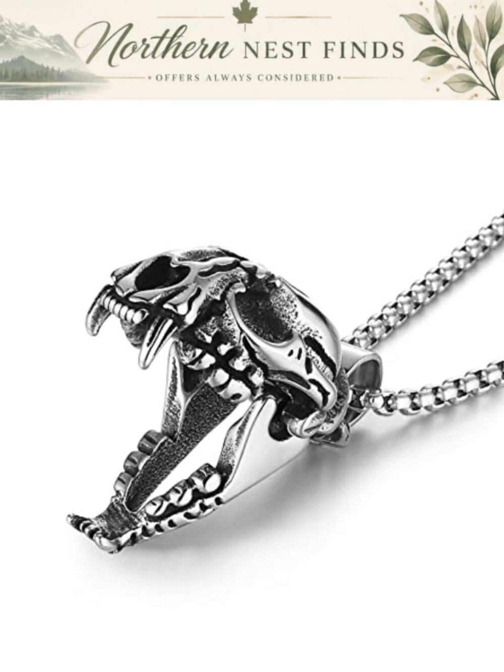 Stainless Steel Sabertooth Tiger Skull Pendant Necklace Gothic Punk Men's